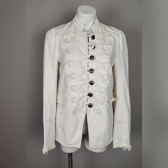 Free People Seamed and Structured Denim Military Jacket Ivory Braided Trim Small - Picture 2 of 16